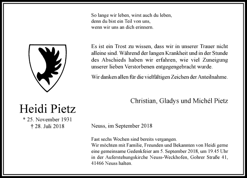  Traueranzeige für Heidi Pietz vom 01.09.2018 aus Rheinische Post