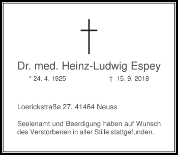 Traueranzeige von Heinz-Ludwig Espey von Rheinische Post