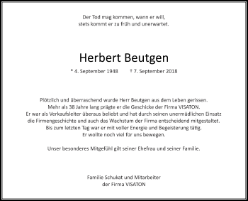 Traueranzeige von Herbert Beutgen von Rheinische Post