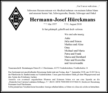 Traueranzeige von Hermann-Josef Hürckmans von Rheinische Post