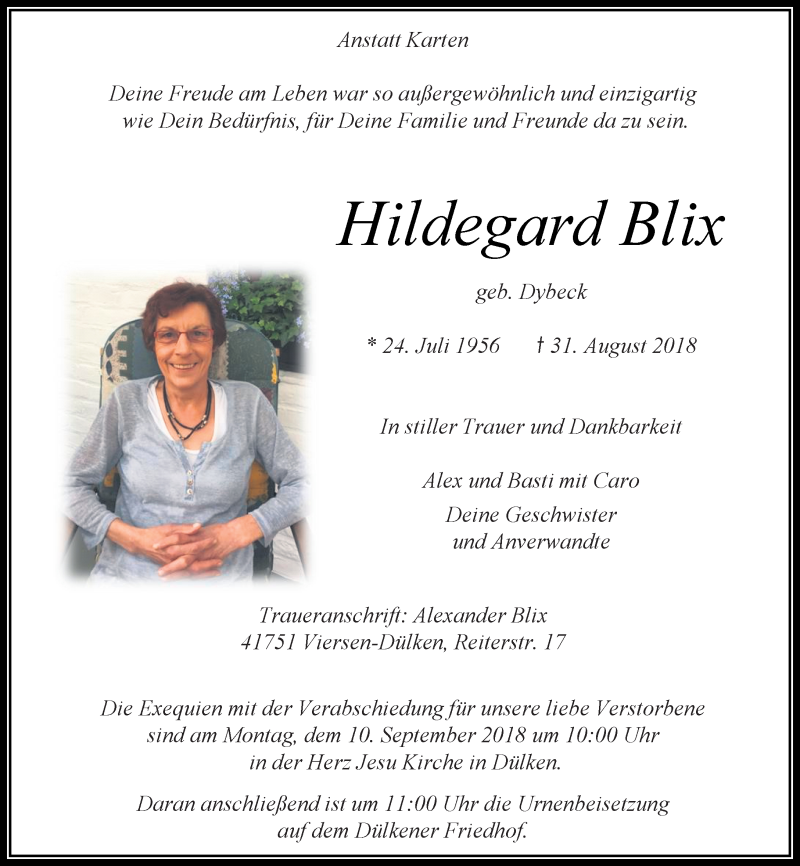  Traueranzeige für Hildegard Blix vom 05.09.2018 aus Rheinische Post