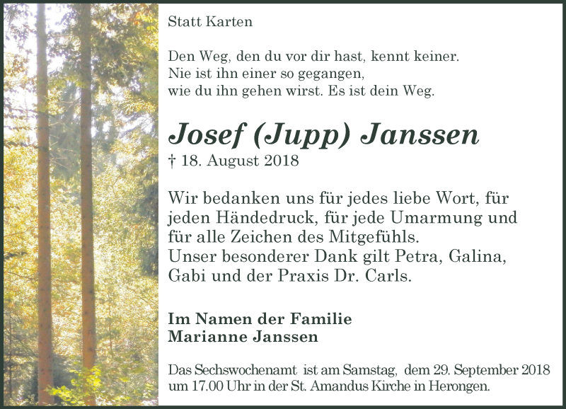  Traueranzeige für Josef  Janssen vom 22.09.2018 aus Rheinische Post