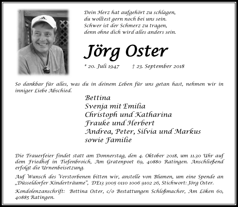  Traueranzeige für Jörg Oster vom 29.09.2018 aus Rheinische Post