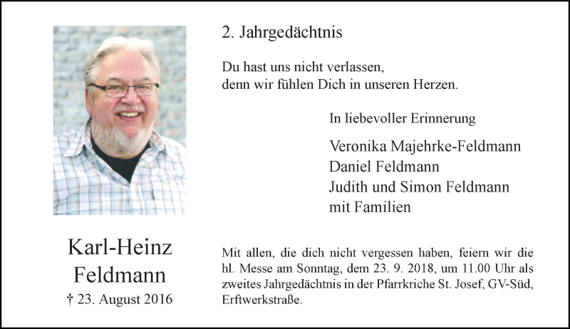  Traueranzeige für Karl-Heinz Feldmann vom 12.09.2018 aus Rheinische Post