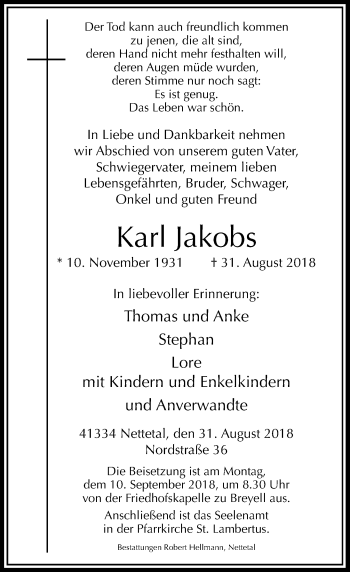 Traueranzeige von Karl Jakobs von Rheinische Post