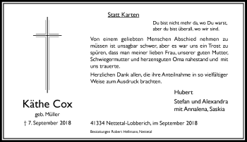 Traueranzeige von Käthe Cox von Rheinische Post