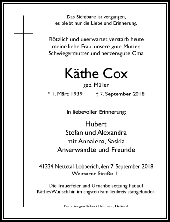 Traueranzeige von Käthe Cox von Rheinische Post