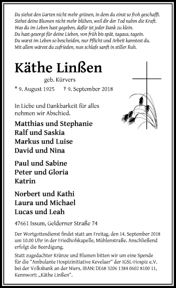 Traueranzeige von Käthe Linßen von Rheinische Post