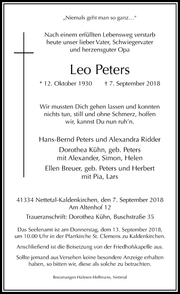 Traueranzeige von Leo Peters von Rheinische Post