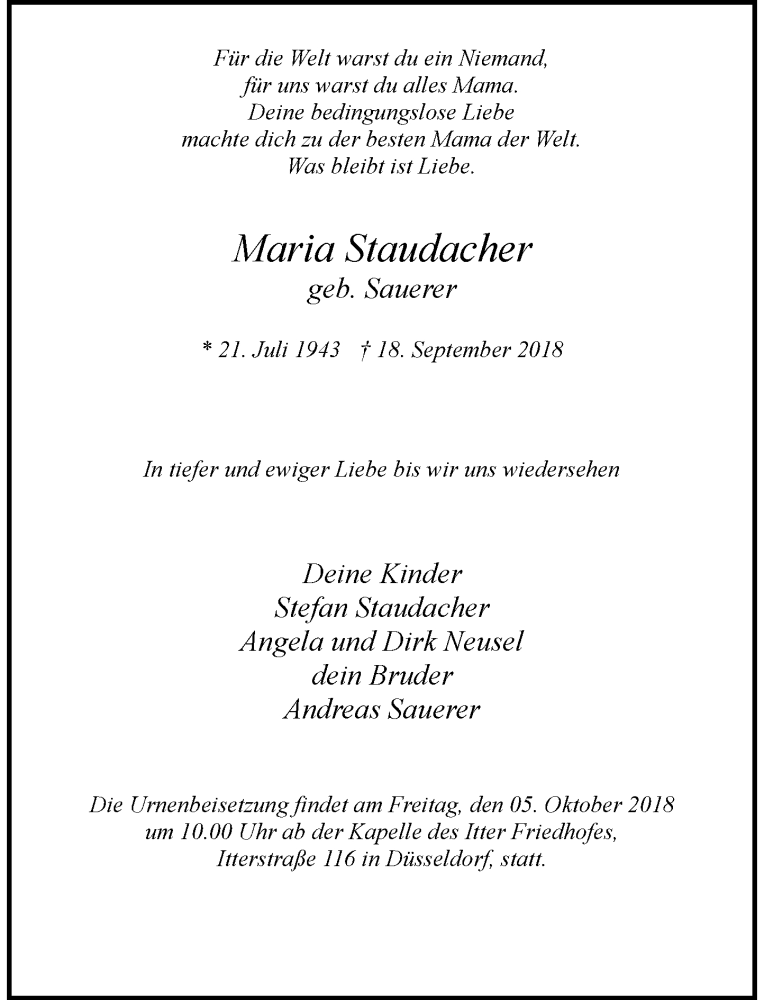  Traueranzeige für Maria Staudacher vom 29.09.2018 aus Rheinische Post