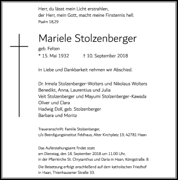 Traueranzeige von Mariele Stolzenberger von Rheinische Post