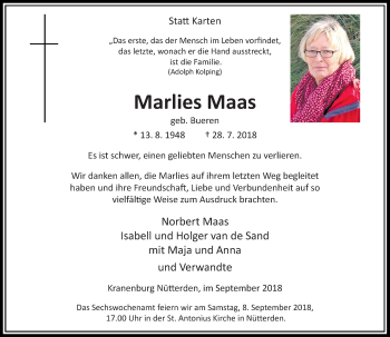 Traueranzeige von Marlies Maas von Rheinische Post