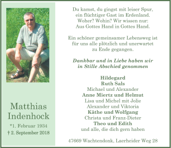 Traueranzeige von Matthias Indenhock von Rheinische Post
