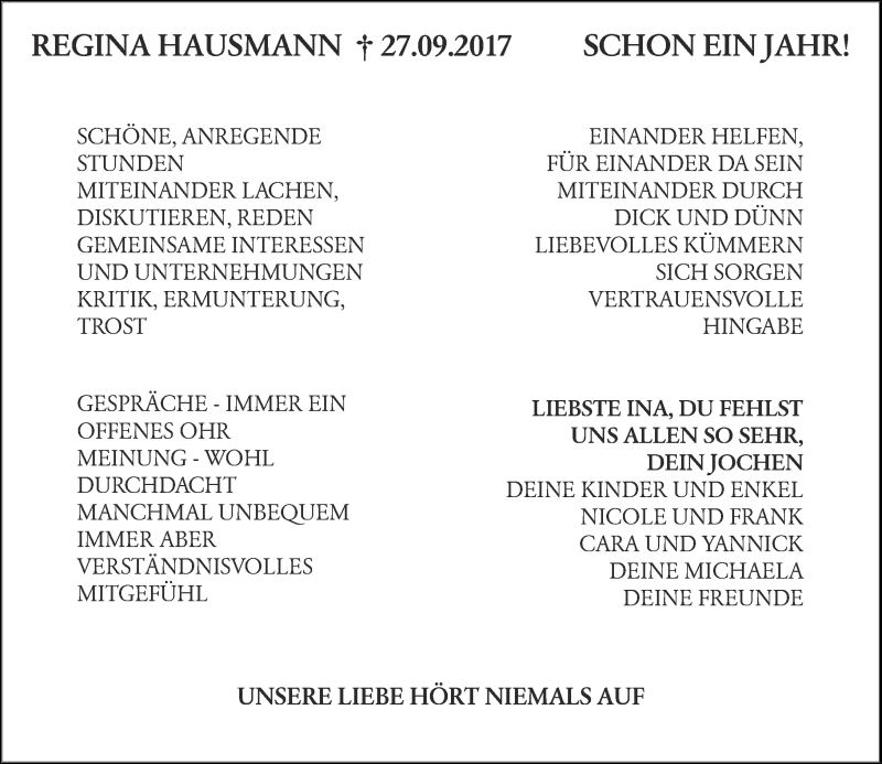  Traueranzeige für Regina Hausmann vom 27.09.2018 aus Rheinische Post