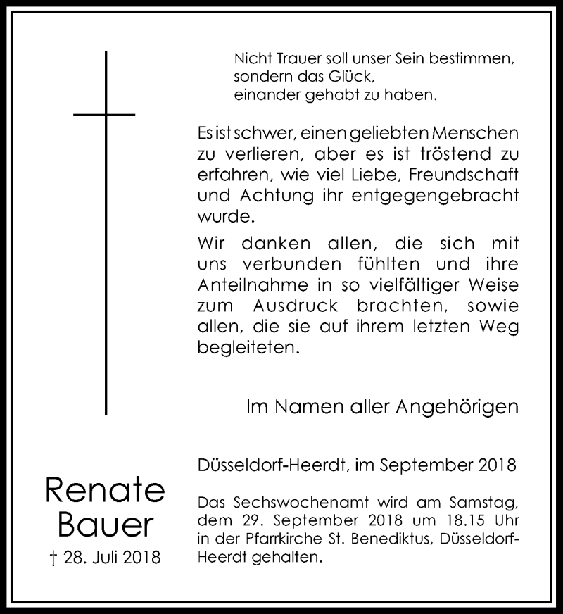  Traueranzeige für Renate Bauer vom 22.09.2018 aus Rheinische Post