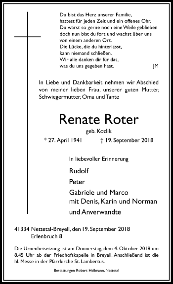 Traueranzeige von Renate Roter von Rheinische Post