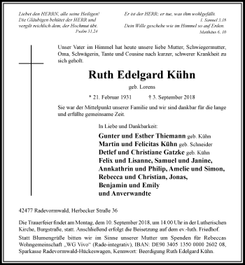 Traueranzeige von Ruth Edelgard Kühn von Rheinische Post