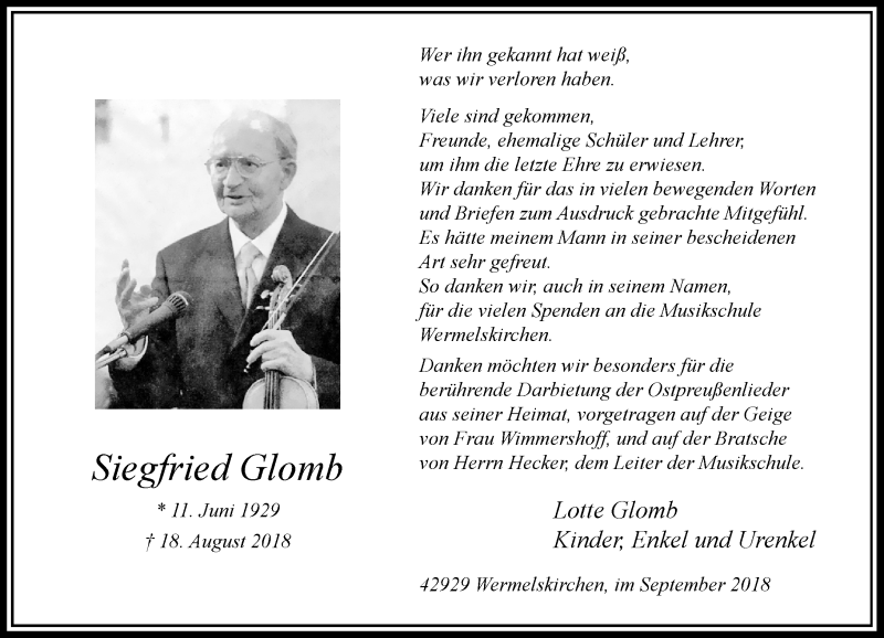  Traueranzeige für Siegfried Glomb vom 15.09.2018 aus Rheinische Post