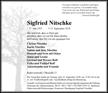 Traueranzeige von Sigfried Nitschke von Rheinische Post