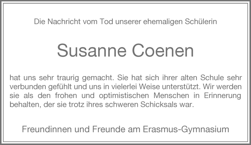  Traueranzeige für Susanne Coenen vom 01.10.2018 aus Rheinische Post