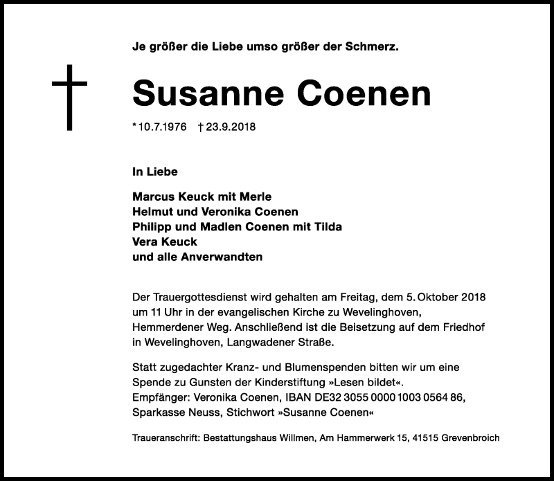  Traueranzeige für Susanne Coenen vom 01.10.2018 aus Rheinische Post