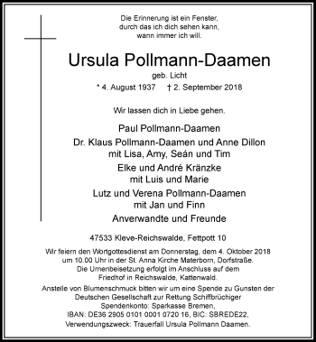 Traueranzeige von Ursula Pollmann-Daamen von Rheinische Post