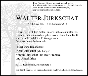 Traueranzeige von Walter Jurkschat von Rheinische Post