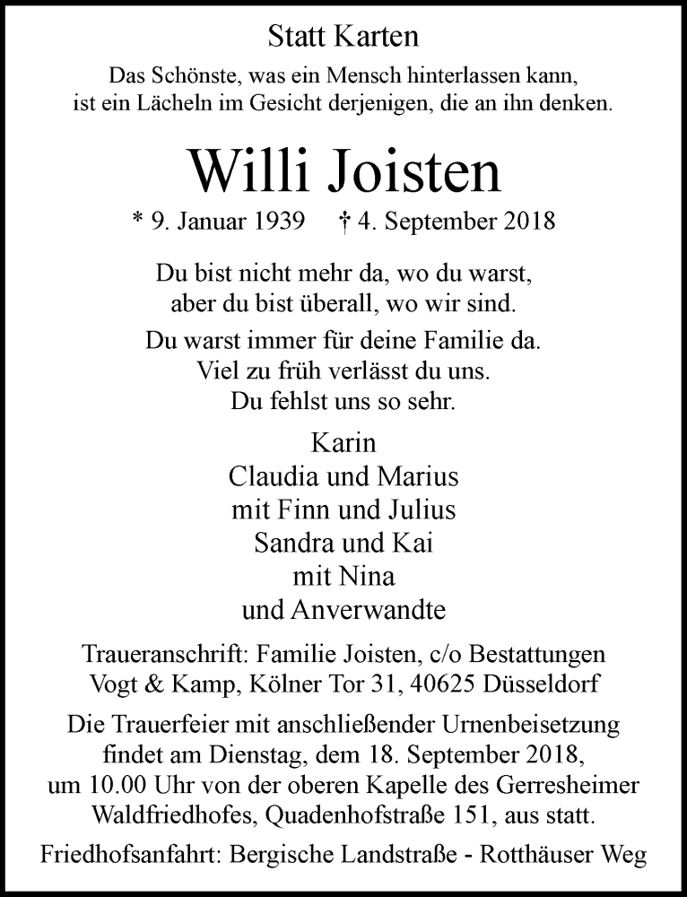  Traueranzeige für Willi Joisten vom 08.09.2018 aus Rheinische Post