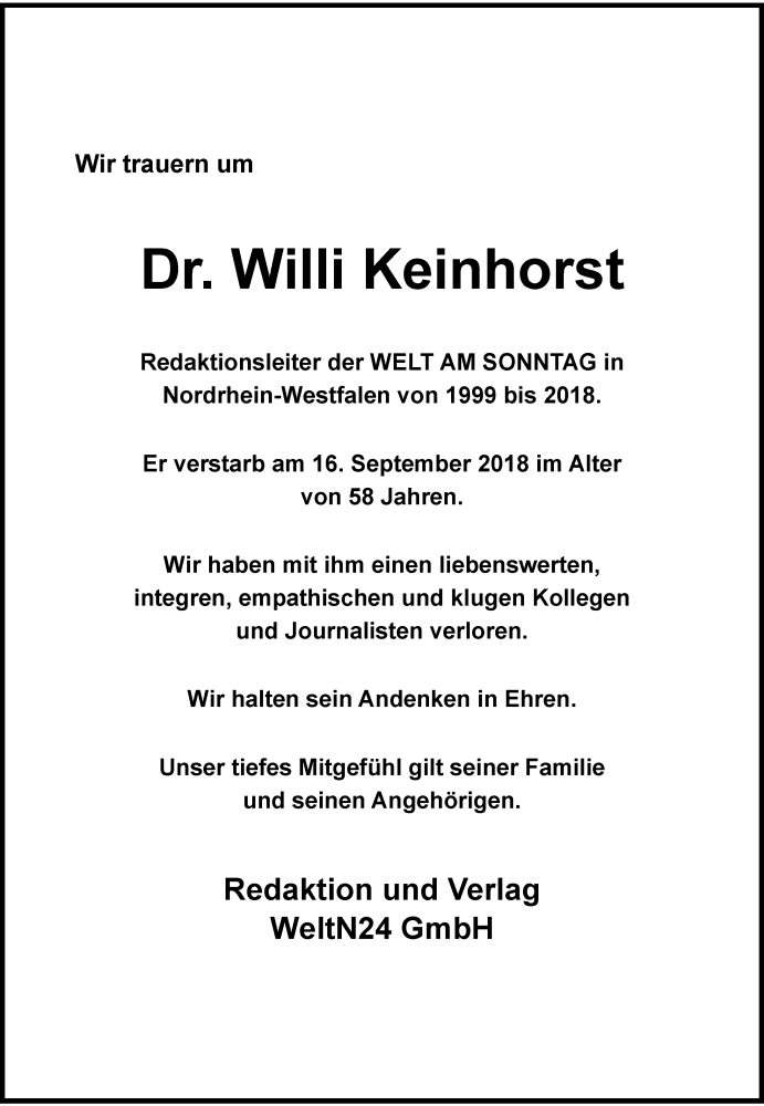  Traueranzeige für Willi Keinhorst vom 22.09.2018 aus Rheinische Post
