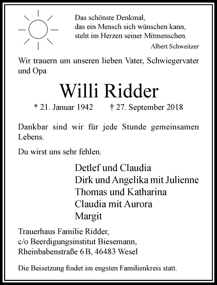  Traueranzeige für Willi Ridder vom 29.09.2018 aus Rheinische Post