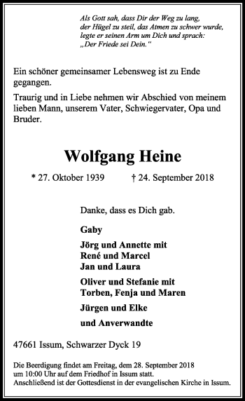 Traueranzeige von Wolfgang Heine von Rheinische Post