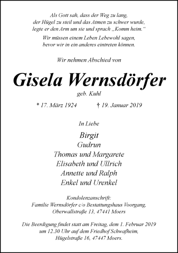 Traueranzeige von Gisela Wernsdörfer von Rheinische Post