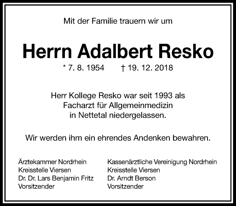  Traueranzeige für Adalbert Resko vom 12.01.2019 aus Rheinische Post