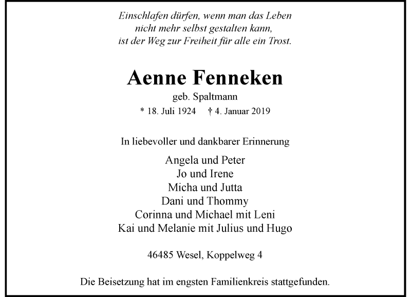  Traueranzeige für Aenne Fenneken vom 22.01.2019 aus Rheinische Post