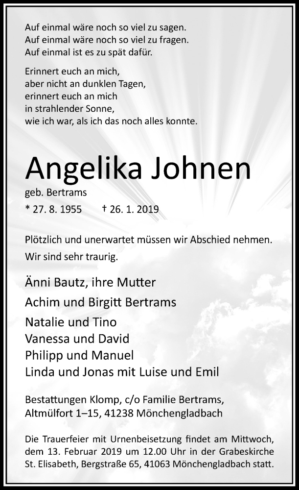  Traueranzeige für Angelika Johnen vom 09.02.2019 aus Rheinische Post