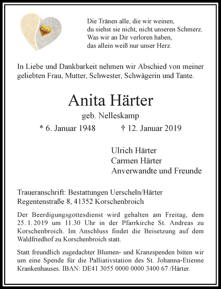  Traueranzeige für Anita Härter vom 19.01.2019 aus Rheinische Post
