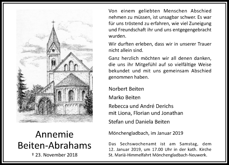  Traueranzeige für Annemie Beiten-Abrahams vom 05.01.2019 aus Rheinische Post