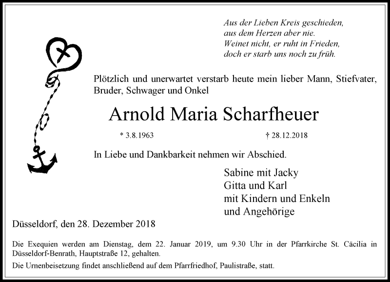  Traueranzeige für Arnold Maria Scharfheuer vom 12.01.2019 aus Rheinische Post