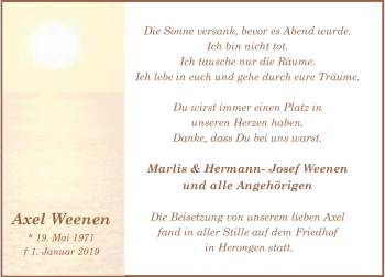Traueranzeige von Axel Weenen von Rheinische Post