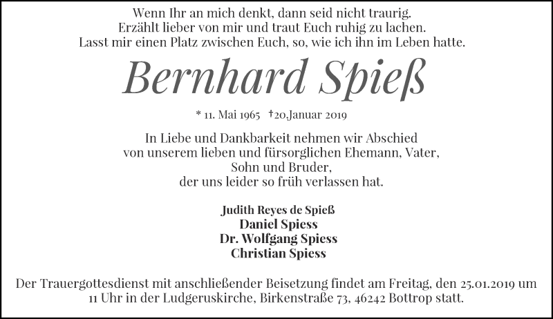  Traueranzeige für Bernhard Spieß vom 22.01.2019 aus Rheinische Post