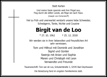 Traueranzeige von Birgit van de Loo von Rheinische Post