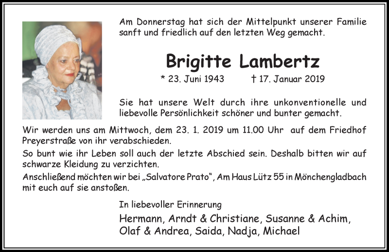  Traueranzeige für Brigitte Lambertz vom 19.01.2019 aus Rheinische Post