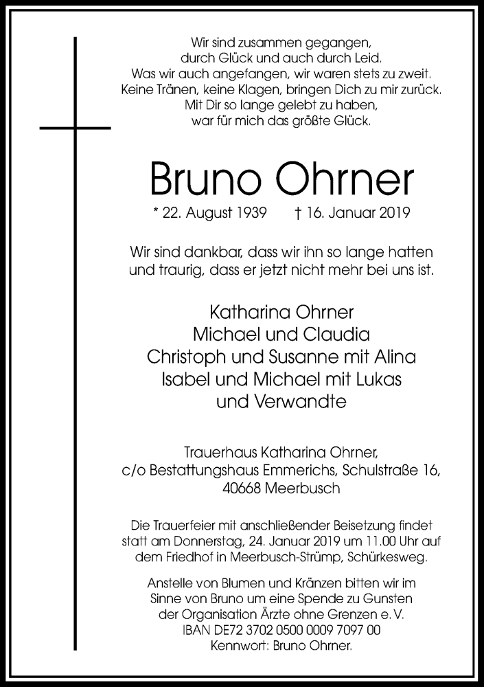  Traueranzeige für Bruno Ohrner vom 19.01.2019 aus Rheinische Post