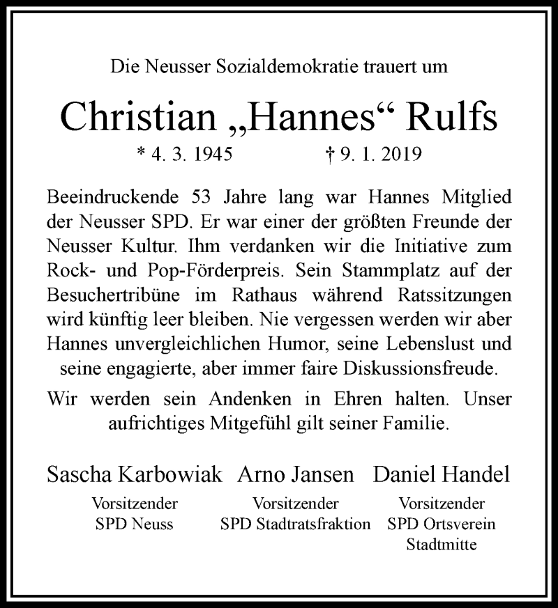  Traueranzeige für Christian Rulfs vom 15.01.2019 aus Rheinische Post