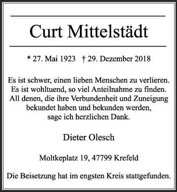 Traueranzeige von Curt Mittelstädt von Rheinische Post
