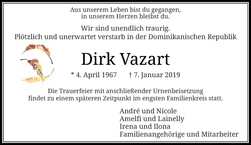  Traueranzeige für Dirk Vazart vom 12.01.2019 aus Rheinische Post