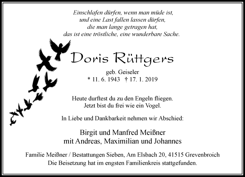  Traueranzeige für Doris Rüttgers vom 26.01.2019 aus Rheinische Post