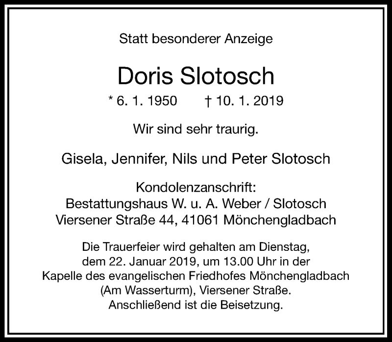  Traueranzeige für Doris Slotosch vom 19.01.2019 aus Rheinische Post