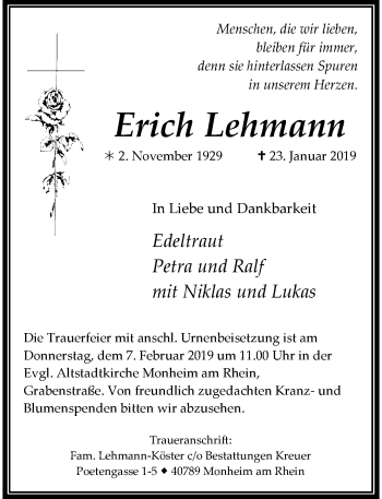 Traueranzeige von Erich Lehmann von Rheinische Post