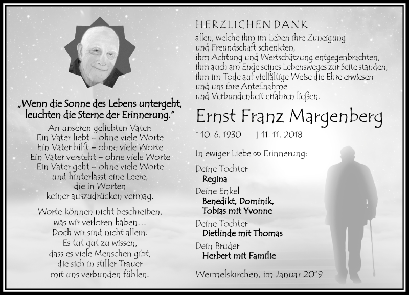  Traueranzeige für Ernst Franz Margenberg vom 26.01.2019 aus Rheinische Post